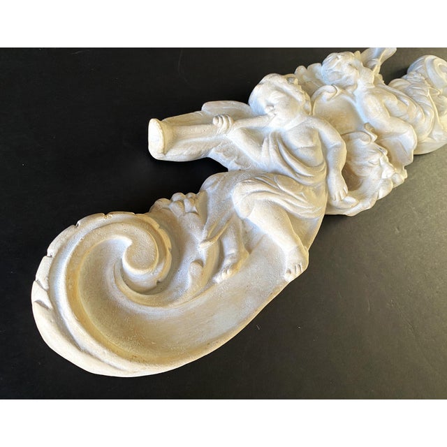 MId Century Chalkware, Baroque Over Door Pediment, Putti-Cherubs, Trumpets, Gargoyle Face 21.5" Wide For Sale - Image 11 of 18