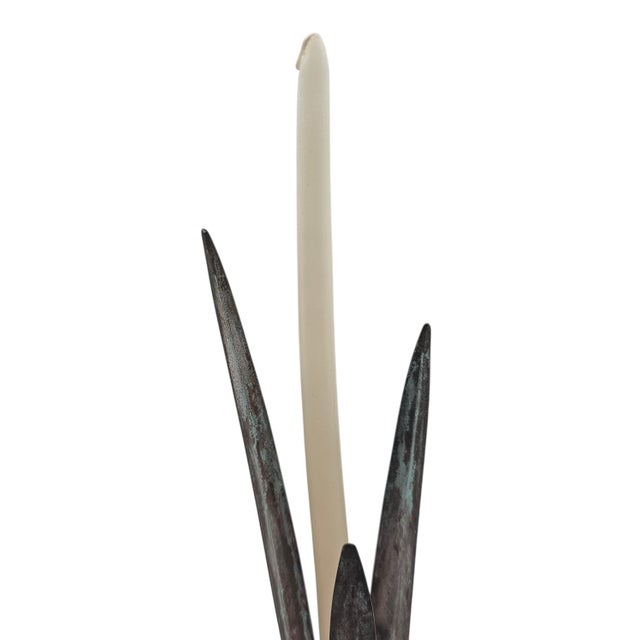 Vintage Verdigris Cattail Candleholders, Copper Bronze Metal, Pair, 13" For Sale - Image 9 of 13
