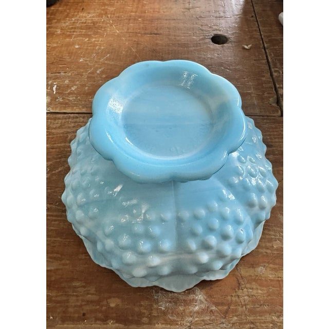 Add a touch of classic American art glass to your home with this beautiful Vintage Fenton Blue Opalescent Hobnail Candle...