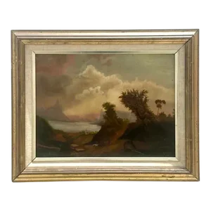 Vintage Boho Landscape of Swiss Lake Oil on Board