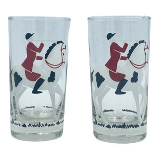 Pair of Vintage Libbey Highball Glasses Equestrian Horseback Rider Tally Ho For Sale
