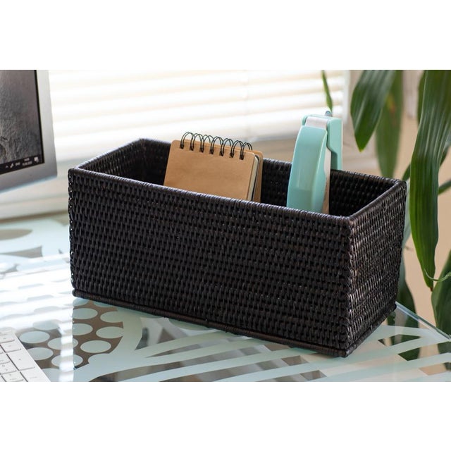 Boho Chic Artifacts Rattan Rectangular Everything Basket in Tudor Black - 13" For Sale - Image 3 of 9