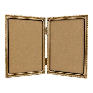 Vintage Gold-Tone Metal Hinged Double Picture Frame With Glass, 5 X 7 For Sale