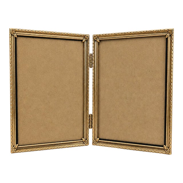 Vintage Gold-Tone Metal Hinged Double Picture Frame With Glass, 5 X 7 For Sale