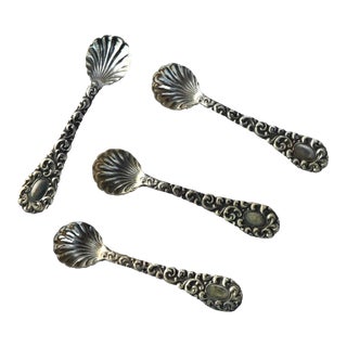 Late 20th Century Sterling Silver Salt Spoon Set Scroll & Scalloped Shell Set of 4 For Sale