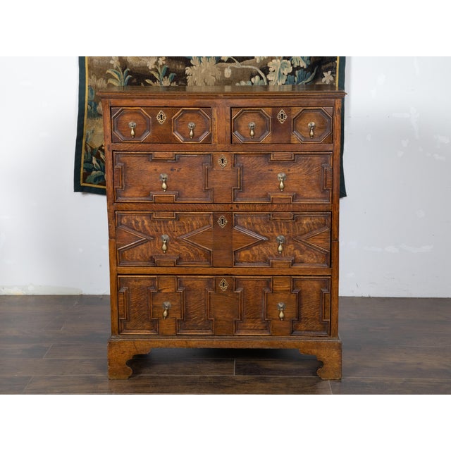 English George III Period 1800s Oak Two Part Geometric Front Five Drawer Chest For Sale In Atlanta - Image 6 of 12
