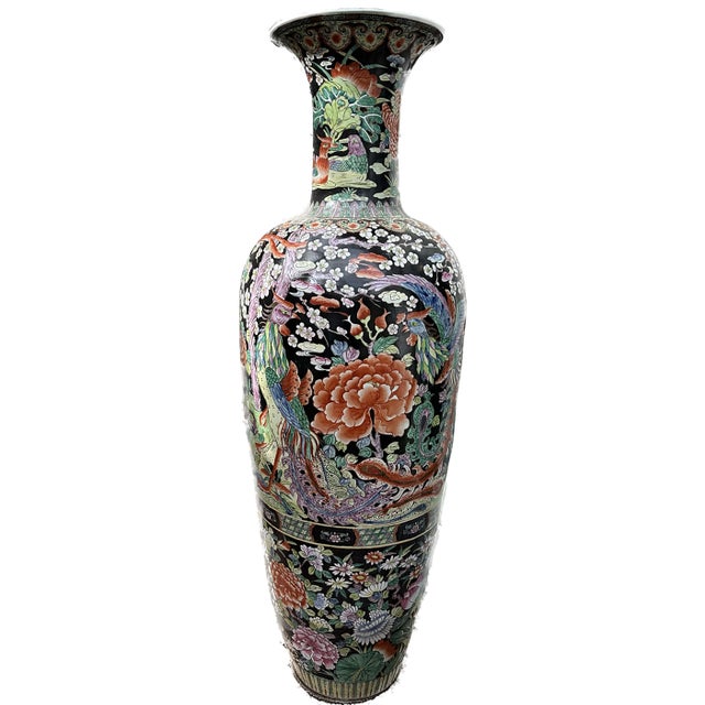Chinese Pair of Large Late 20th Century Blackground Chinese Urns For Sale - Image 3 of 8