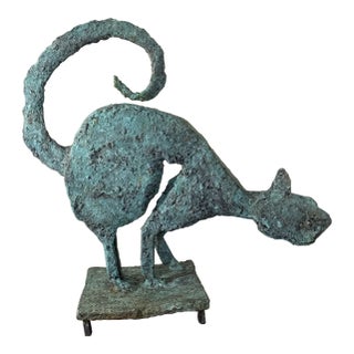 Early 21st Century Bronze Artist Made Brutalist Style Cat Sculpture For Sale