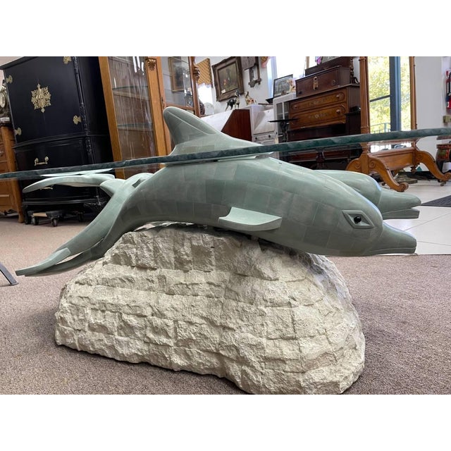 Late 20th Century Vintage Sculptural Glass Top Coffee Table, Three Dolphins, Marine Life, Exposed Top Fins, Textured Edge Glass For Sale - Image 5 of 11