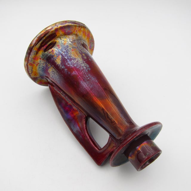 Victorian Antique Red Metallic Lustre Art Pottery Candle Holder With Gold and Blue Accents For Sale - Image 3 of 12