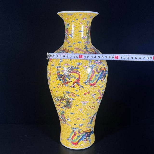 Chinese Monumental Vintage Chinese Yellow Ground Famille Rose "Dragon & Phoenix" Vase For Sale - Image 3 of 10