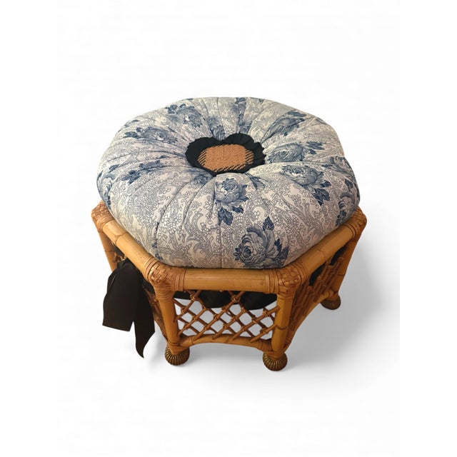Shabby Chic Late 20th century Rare Mackenzie-Childs Rattan Footstool With Tufted Cushion For Sale - Image 3 of 10