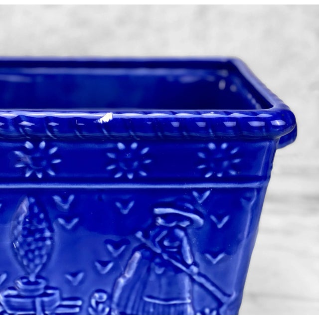 Ceramic Vintage Farmhouse Country Cobalt Blue Porcelain Amish Motif Window Box Planter For Sale - Image 7 of 11