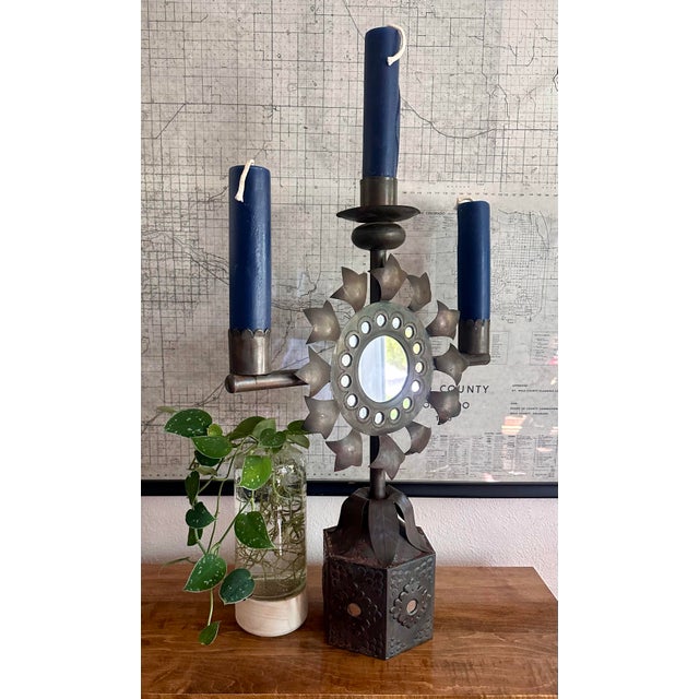 Mid-Century Mexican Tin Candelabra With Sunburst Mirror & Embossed Details For Sale - Image 4 of 12