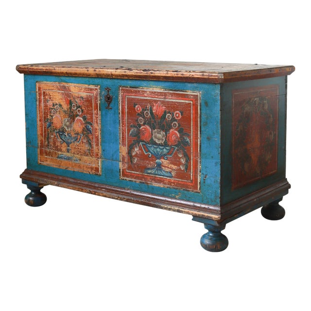19th C Austrian Folk Painted Marriage Trunk, Pine Blanket Chest For Sale