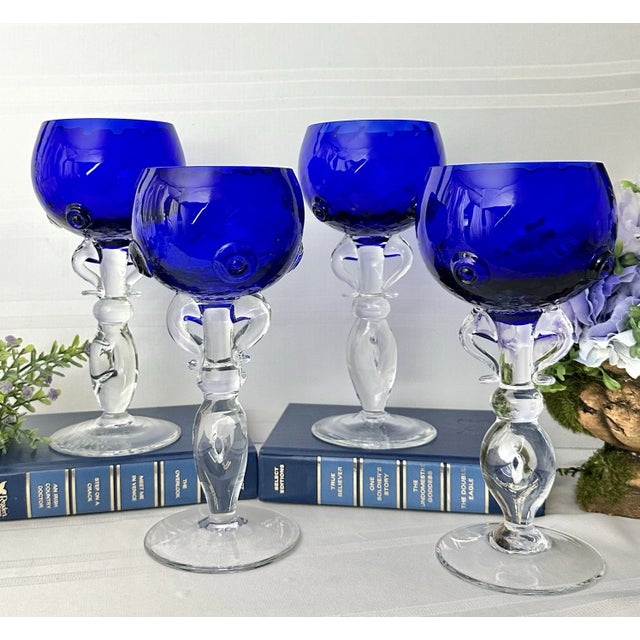 Late 20th Century Milan Mottl Art Cobalt Blue Goblets Wine Glasses - Set of 4 For Sale In Phoenix - Image 6 of 9