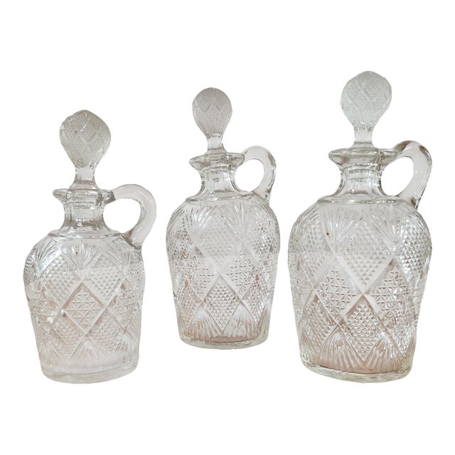 Set of 3 Antique Late 19th Century Brilliant Cut Glass Decanters With Ball Stoppers and Loop Handles – Abp Style For Sale