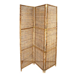 Boho Vintage Wicker Folding Screen For Sale
