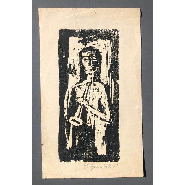 1959 MCM woodblock of a lady with horn by FJ Gronstedt. Pencil signed and dated with stamp on back identifying Gronstedt...