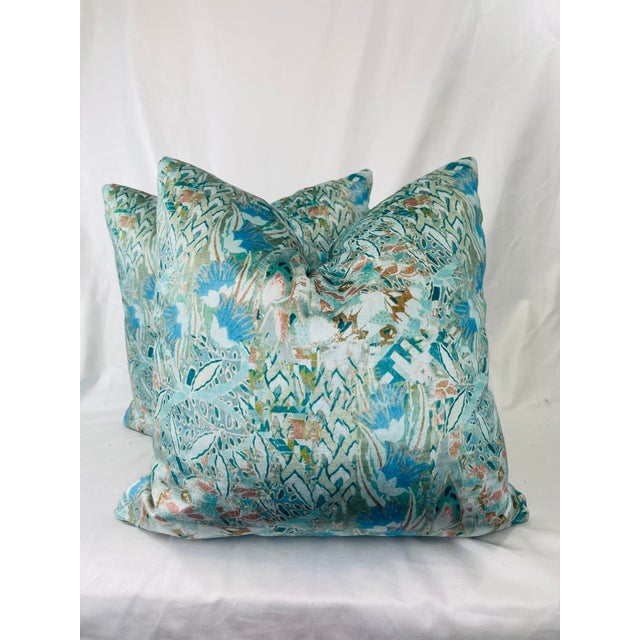 Printed Velvet in Aqua 22” Pillows-A Pair For Sale In Greensboro - Image 6 of 6
