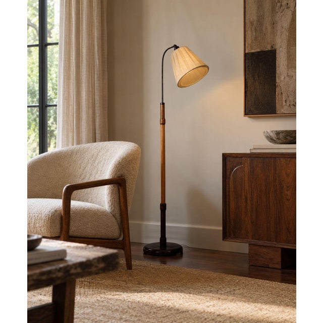 Swedish Art Deco, Adjustable Floor Lamp, Birch, Stained Wood, Metal, Sweden, 1930s A decorative art deco floor lamp...