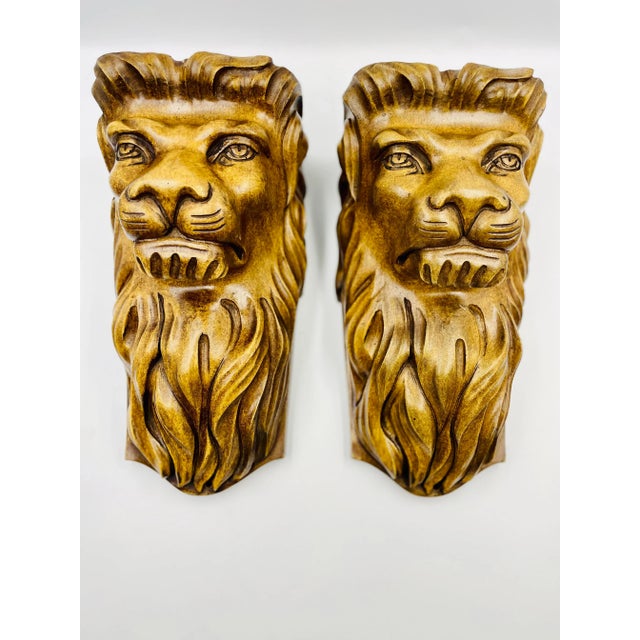 Early 20th Century Carved Wood Lion Head Wall Brackets- Set of 2 For Sale - Image 12 of 12