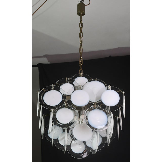 Glass 1970s Large 36 Murano Glass White Disch Chandelier by Vistosi For Sale - Image 7 of 13