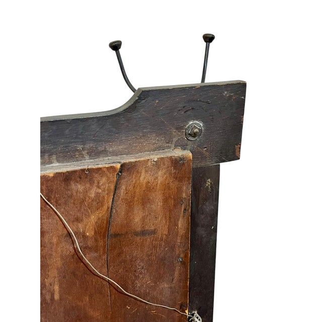Antique English Black Painted Beveled Mirror With Iron Hat Coat Hooks For Sale - Image 6 of 12