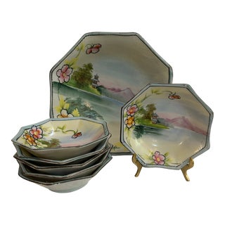 Early 20th Century Takita Nippon Hand Painted Serve Bowl Set - 7 Pieces For Sale