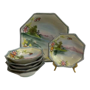 Early 20th Century Takita Nippon Hand Painted Serve Bowl Set - 7 Pieces
