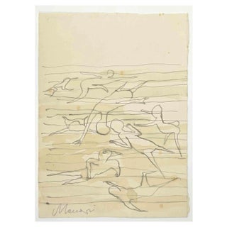 Mino Maccari, Swimmers, Watercolor, 1960s For Sale