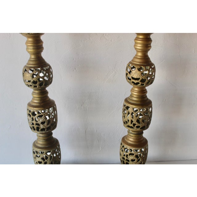 1970s Vintage Altar Size Pierced Brass Floor Candlestick Holders Ornate Reticulated Design Mid Century For Sale - Image 5 of 15