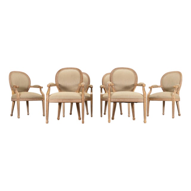 Set of Six Kreiss Louis XVI Style Cerused Oak Dining Armchairs For Sale