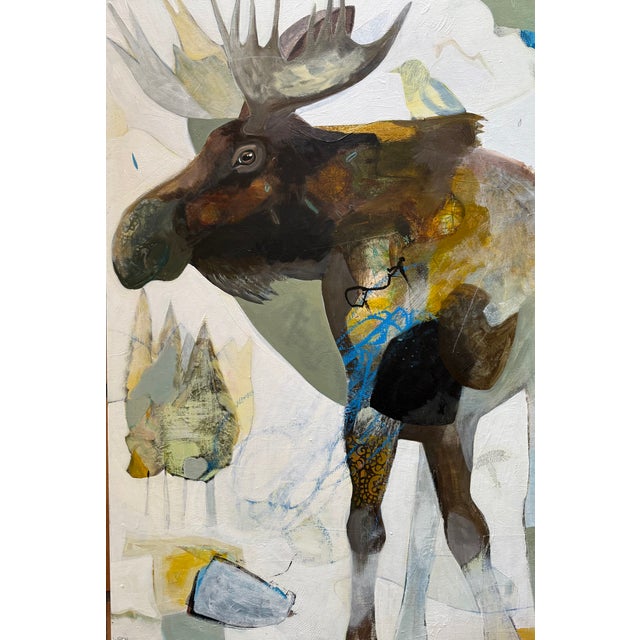 This 36" x 24" original acrylic mixed media painting by myself, LWren Walraven. It was inspired by a rogue moose hanging...