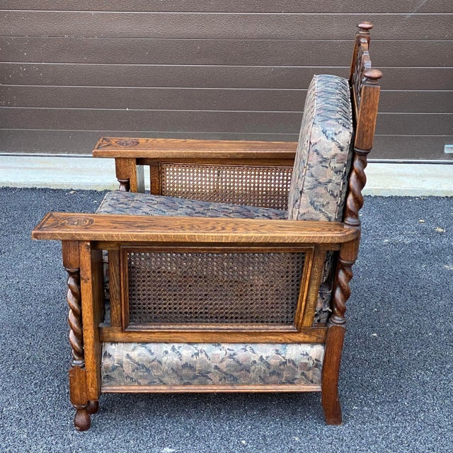 Antique Carved English Oak Barley Twist Lounge Chair With Caned Back & Sides For Sale In Philadelphia - Image 6 of 13