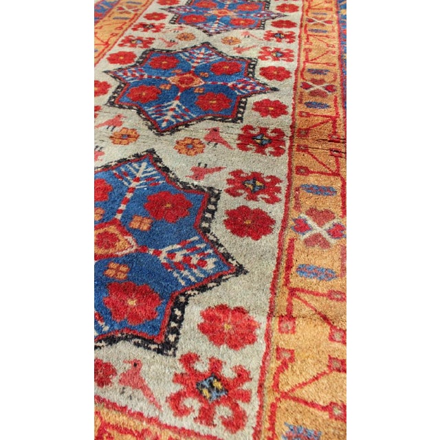 Mid 20th Century Vintage Turkish Rug With Star Design in Light Green, Orange, Red & Blue For Sale - Image 5 of 6