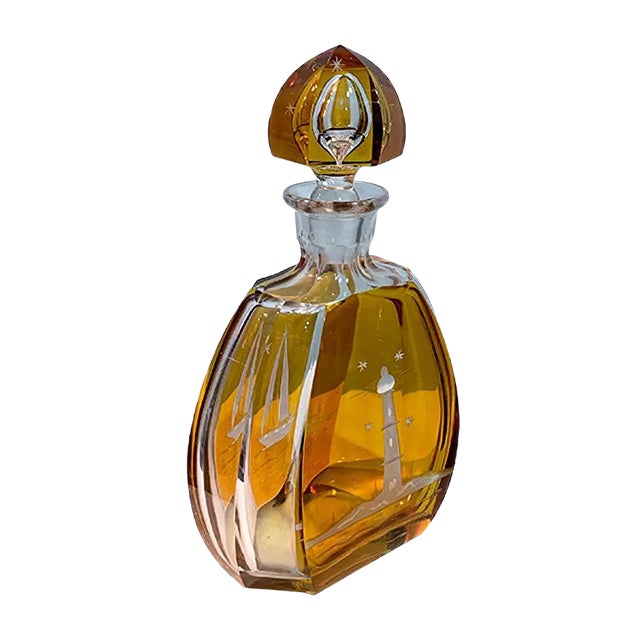 Glass Bottle With Carved and Faceted Marine Motifs from Bohemia, 1980s For Sale