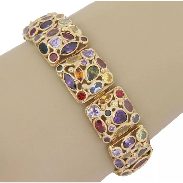 Contemporary Bracelet Earring Multicolor Stones 18k Yellow Gold Cushion Link set - 3 Pieces For Sale - Image 3 of 10