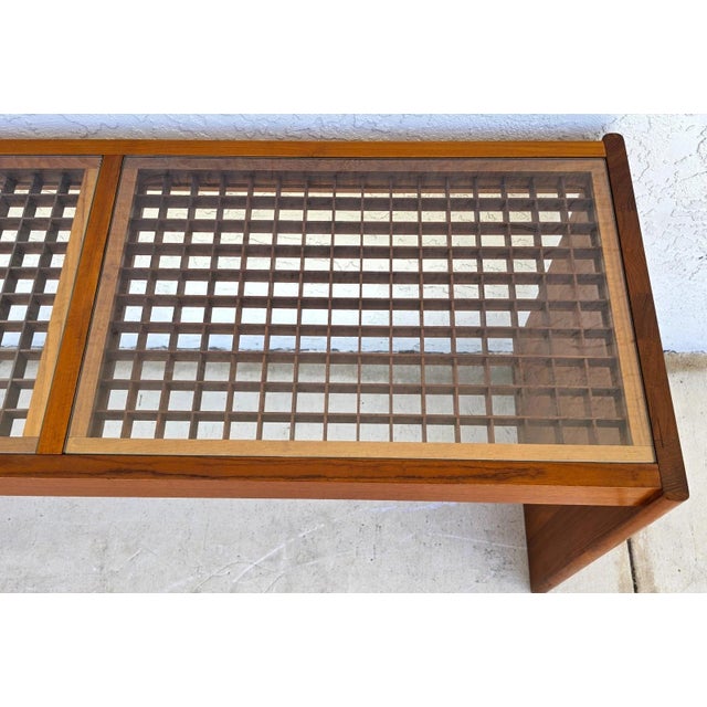 Mid-Century Modern Vintage Komfort Danish Lattice Pattern Teak and Glass Console Table For Sale - Image 3 of 9