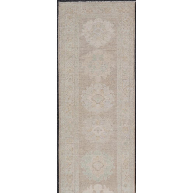 Long Soft Oushak Runner With Sand Field and Pale Green and Blue Accents For Sale - Image 4 of 12