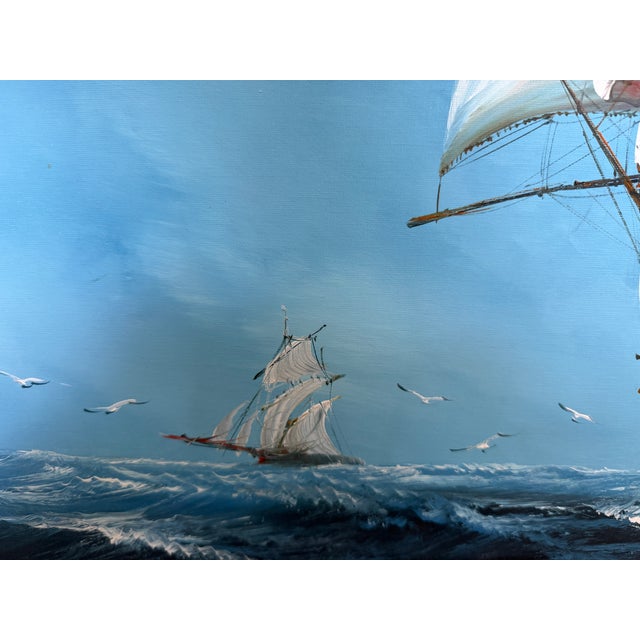 Large Vintage Oil Painting Sailing Ship Seascape Signed Maritime Ocean Art For Sale - Image 11 of 13