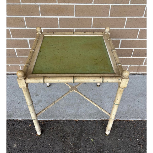 Absolutely charming vintage mid twentieth century faux bamboo square end table with free insert. No makers marks found but...