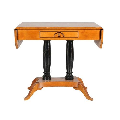 Biedermeier Swedish Drop-Leaf Pedestal Table in Golden Birch Marquetry Ormolu, 1890s For Sale - Image 4 of 5