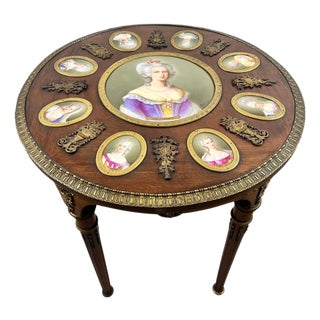 19th C French Louis XVI Mahogany & Bronze W Sèvres Style Portraits Salon Table For Sale