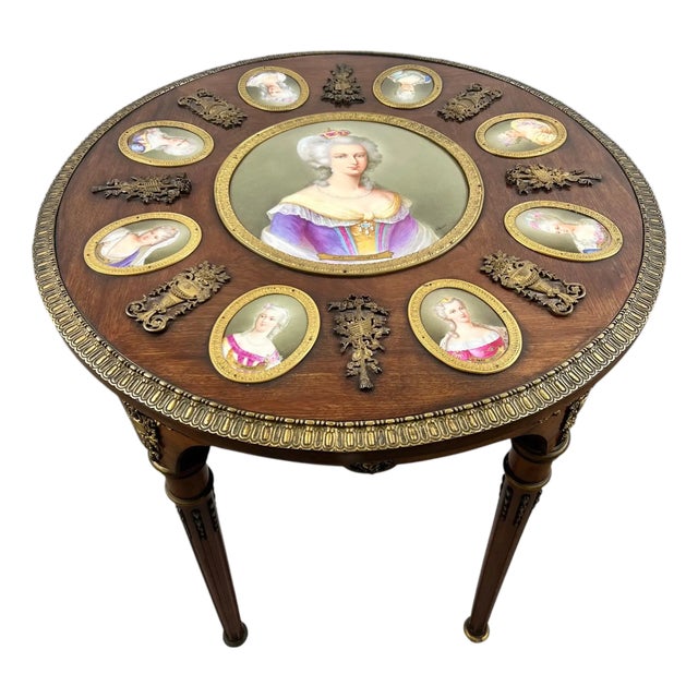 19th C French Louis XVI Mahogany & Bronze W Sèvres Style Portraits Salon Table For Sale