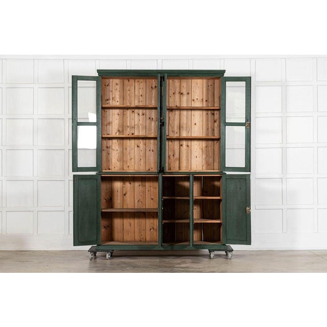 Circa 1880 large 19thc english painted pine glazed housekeepers cabinet together w155 x d51.5 x h214 cm base w155 x d51.5...