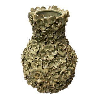 Vintage Italian Floral Encrusted Ceramic Vase – Glossy Sage Green Hand-Sculpted Rose Urn For Sale