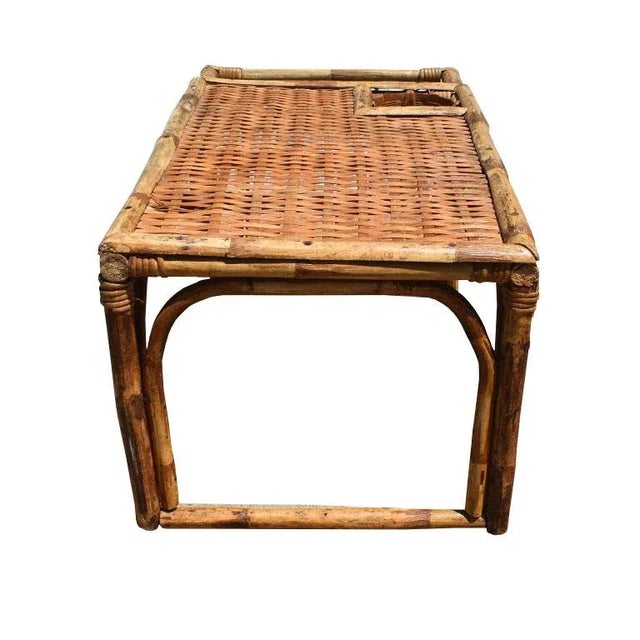Wood Burnt Tortoise Wood Bamboo Breakfast Bed Tray With Magazine Rack and Cup Holder For Sale - Image 7 of 11