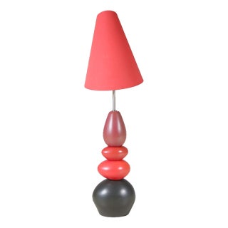 Ceramic Floor Lamp with Red Fabric Hood from Francois Chatain, France, 1970s For Sale
