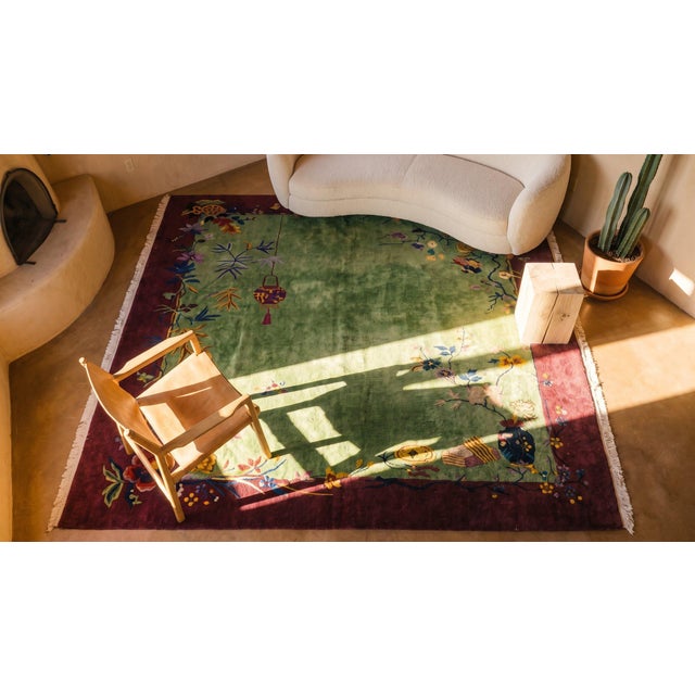 Green 1920s Green Floral Modern Antique Chinese Art Deco Carpet 9' X 11'6" Handknotted Wool Rug For Sale - Image 8 of 10